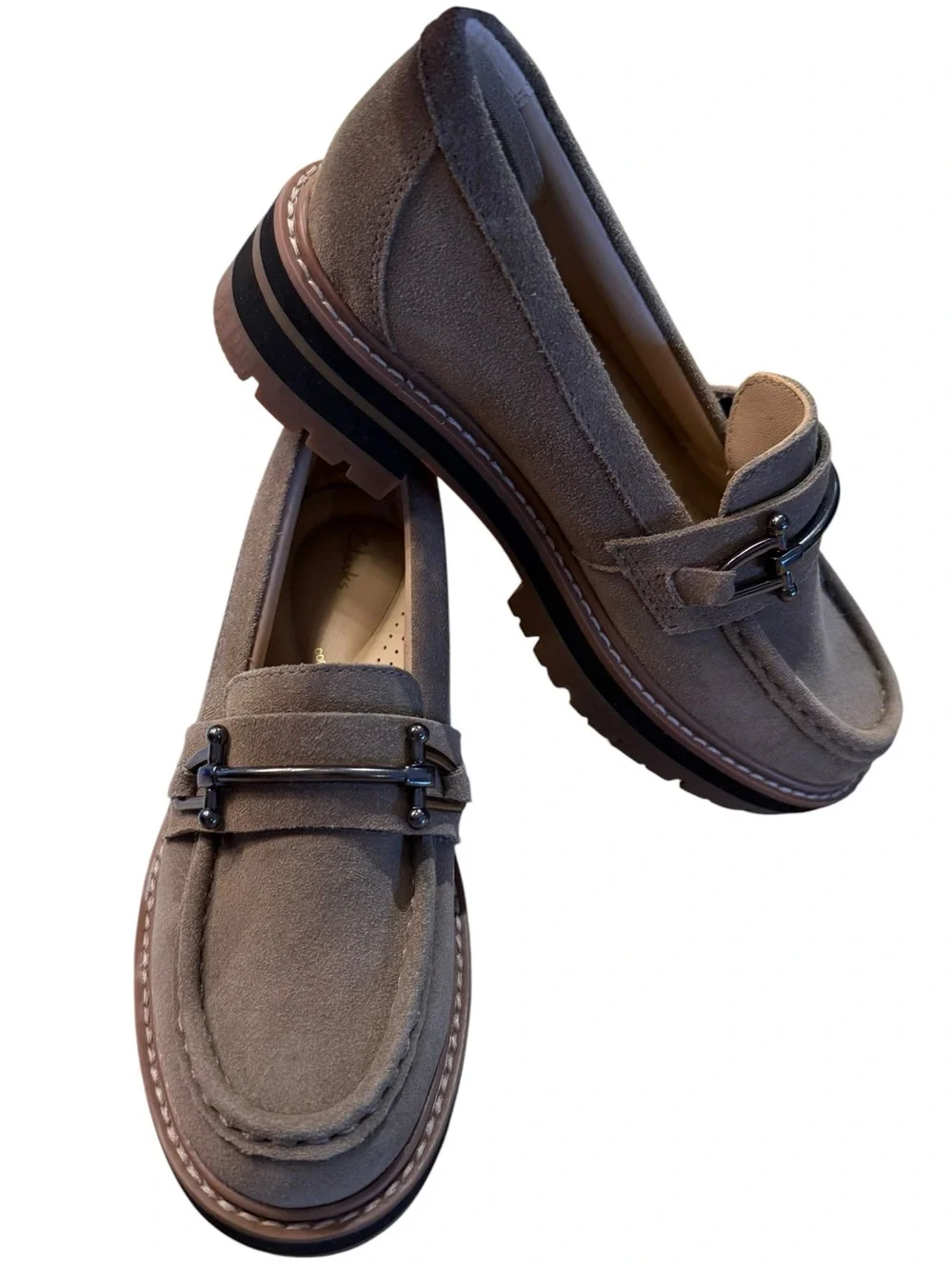 Clark’s Taupe Suede Women's Size 6 Lug Sole Loafers with Metal Bit